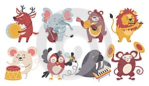 Animals musicians. Kids cartoon characters music band, happy funny instrumental orchestra, wildlife creations party