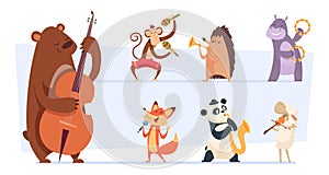 Animals musicians. Wild cartoon zoo animals with musical instruments vocal and song play band with guitar violin vector