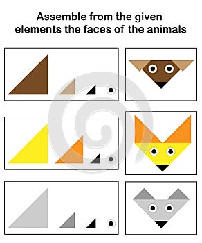 The animals muzzles jigsaw puzzle for elementary school children, a puzzle to work with a paper or a graphic editor to develop