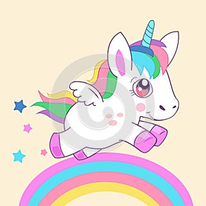 Animals And Mythical Creatures. Cute Little Magic Unicorn, Walking On The Rainbow Vector Illustration.