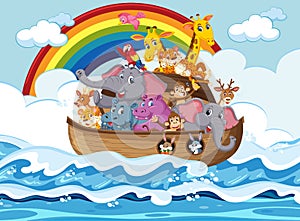 Animals on Noah`s ark floating in the ocean scene