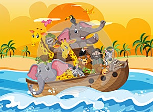 Animals on Noah`s ark floating in the ocean scene