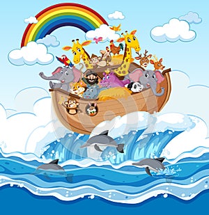 Animals on Noah`s ark floating in the ocean scene