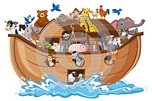 Animals on Noah`s ark with sea wave isolated on white background