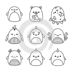 Animals of North Pole. Coloring page. Squishmallow. Whale, polar bear, narwhal, penguin. Vector
