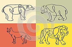 Animals in One continuous line drawing. Set of Lion, Panda, Polar bear, Wolf logo and divider concept in simple linear style.