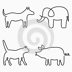 Animals one line drawing. Continuous line print - cat, dog, pig, elephant. Hand-drawn illustration for logo. Vector.