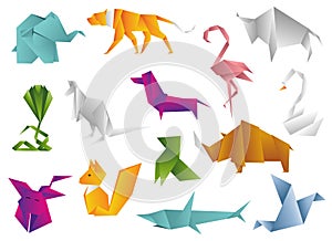 Animals origami set japanese folded modern wildlife hobby symbol creative decoration vector illustration.