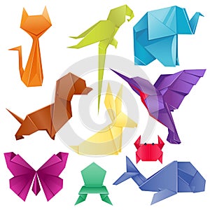 Animals origami set japanese folded modern wildlife hobby symbol creative decoration vector illustration.