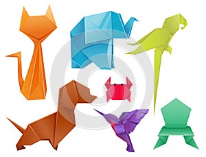 Animals origami set japanese folded modern wildlife hobby symbol creative decoration vector illustration.