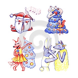 Animals party. New year and Christmas hand draw illustration. Characters on white background