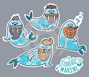 Animals patch collection of hipster walruses with beards and tattoos in cartoon style. Vector fun stickers