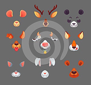 Animals for phone app. Funny animal filter masks with ears and noses. Vector set