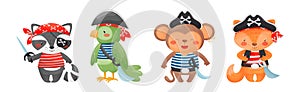 Animals Pirate in Corsair Hat and Bandana Wearing Striped Vest Vector Set