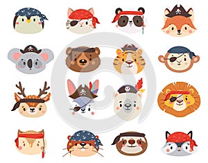 Animals in pirate hats as penguin and cat, lion and tiger, sloth and giraffe, raccoon and deer. Cute, funny characters.
