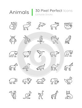 Animals pixel perfect linear icons set