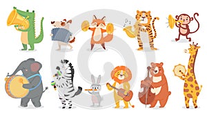 Animals play music. Cute animal playing music instruments, monkey plays trumpet and crocodile with saxophone vector