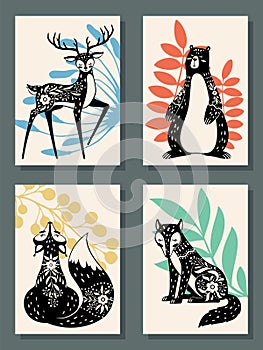 Animals posters. Scandinavian style modern forest fox, bear and wolf, deer. Scandi, finnish folk floral nordic patterns