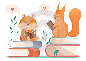 Animals reading vector illustration, cartoon flat clever beaver and squirrel booklover reader characters reading