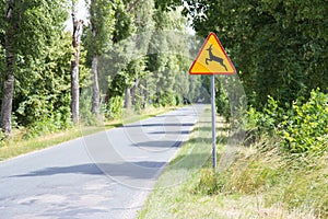 Animals - road sign standing on the roadside. Empty street ahead.