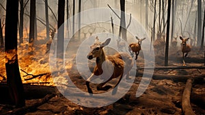 Animals Running Escaping To Save Their Lives from the burning forest. climate change, droughts and forest fires concept