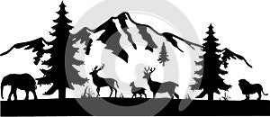Animals scene and Snowy mountain silhouette