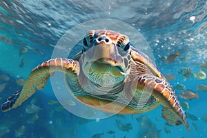 Animals. Sea turtle swimming underwater. Sea creatures. Generative AI