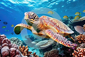 Animals. Sea turtle swimming underwater. Sea creatures. Generative AI