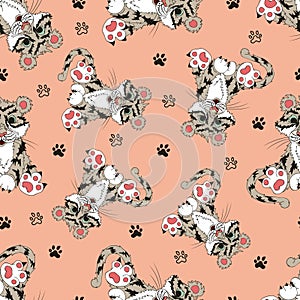 Animals, seamless pattern with a tiger and paws.
