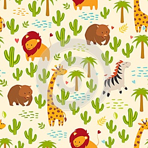 Animals seamless vector background. Giraffe, zebra, wombat and cactus