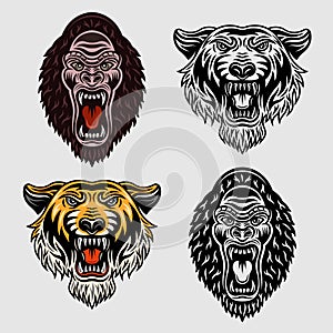 Animals set of vector objects in two styles colored and black and white. Tiger head and gorilla cartoon characters