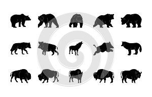 Animals silhouettes vector icons set. Isolated outline of animals bear, wolf, boar, bison on a white background. Vector animals