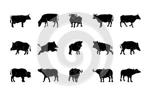 Animals silhouettes vector icons set. Isolated outline of animals cow, boar, buffalo on a white background. Vector animals symbol