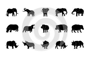 Animals silhouettes vector icons set. Isolated outline of animals elephant, hippopotamus, rhinoceros on a white background. Vector