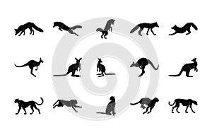 Animals silhouettes vector icons set. Isolated outline of animals fox, kangaroo, cheetah on a white background. Vector animals