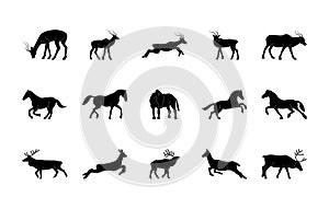 Animals silhouettes vector icons set. Isolated outline of animals gazelle, horse, deer on a white background. Vector animals
