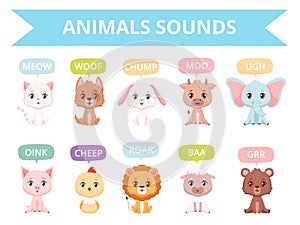 Animals sounds. Zoo birds cats dogs farm animals communication talking speaking words vector characters