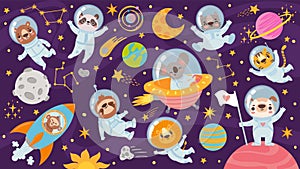 Animals in space. Cute animal astronauts in space suits, universe galaxy with planets, stars, spaceship children print