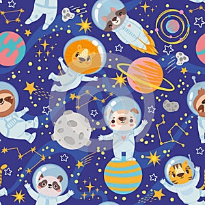 Animals in space. Seamless pattern space team cute animals, astronauts in space suits, starry universe wallpaper kids print vector