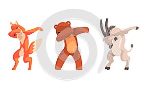 Animals Standing in Dub Dance Pose Set, Fox, Bear, Goat Doing Dabbing Cartoon Vector Illustration