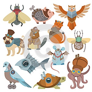 Animals steampunk vector animalistic characters in steam punk and industrial style illustration set of abstract cat or