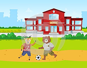 Animals students bear and deer play football on the playground in front of the school building