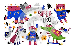 Animals superheroes. Funny comic characters in super outfits, masks and capes, cute heroes, elephant on rollerskates