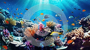 Animals of the underwater marine world. Ecosystem. Colorful tropical fish on a coral reef. Generative AI illustration.