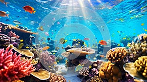 Animals of the underwater marine world. Ecosystem. Colorful tropical fish on a coral reef. Generative AI illustration.