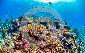 Animals of the underwater marine world. Ecosystems. Colorful tropical fish. Life on the coral reef