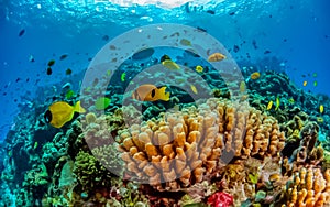 Animals of the underwater marine world. Ecosystems. Colorful tropical fish. Life on the coral reef