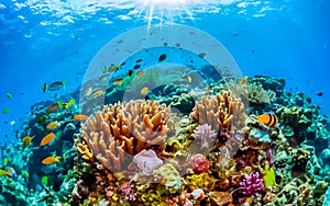 Animals of the underwater marine world. Ecosystems. Colorful tropical fish. Life on the coral reef