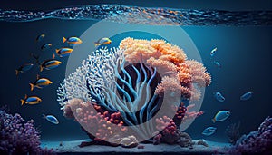 Animals of the underwater sea world. Ecosystem. Colorful tropical fish. Life in the coral reef