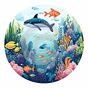 Animals of the underwater sea world. Ecosystem. Colorful tropical fish. Life in the coral reef. World oceans day. Illustration. Ai